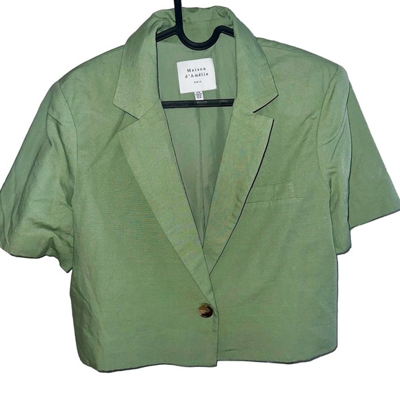 Maison D' Amelie Short Sleeve Linen Cropped Padded Blazer Top Green Size Medium - Picture 3 of 8